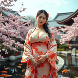 A young Japanese woman with extraordinarily large breasts, standing elegantly in a serene Japanese garden during the cherry blossom season