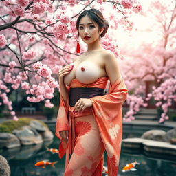 A young Japanese woman with extraordinarily large breasts, standing elegantly in a serene Japanese garden during the cherry blossom season