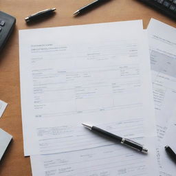 An intricately designed sales invoice on a desk filled with business related materials such as pens, calculators, and ledgers. Available in business color palette.