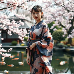 A young Japanese woman with extremely large breasts, depicted in a full-body shot, standing gracefully in a serene Japanese garden during cherry blossom season