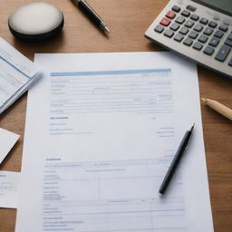 An intricately designed sales invoice on a desk filled with business related materials such as pens, calculators, and ledgers. Available in business color palette.