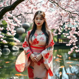 A young Japanese woman with extremely large breasts, depicted in a full-body shot, standing gracefully in a serene Japanese garden during cherry blossom season