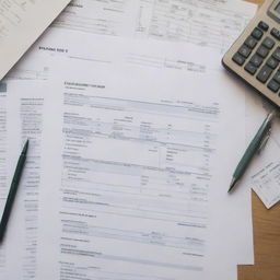 An intricately designed sales invoice on a desk filled with business related materials such as pens, calculators, and ledgers. Available in business color palette.