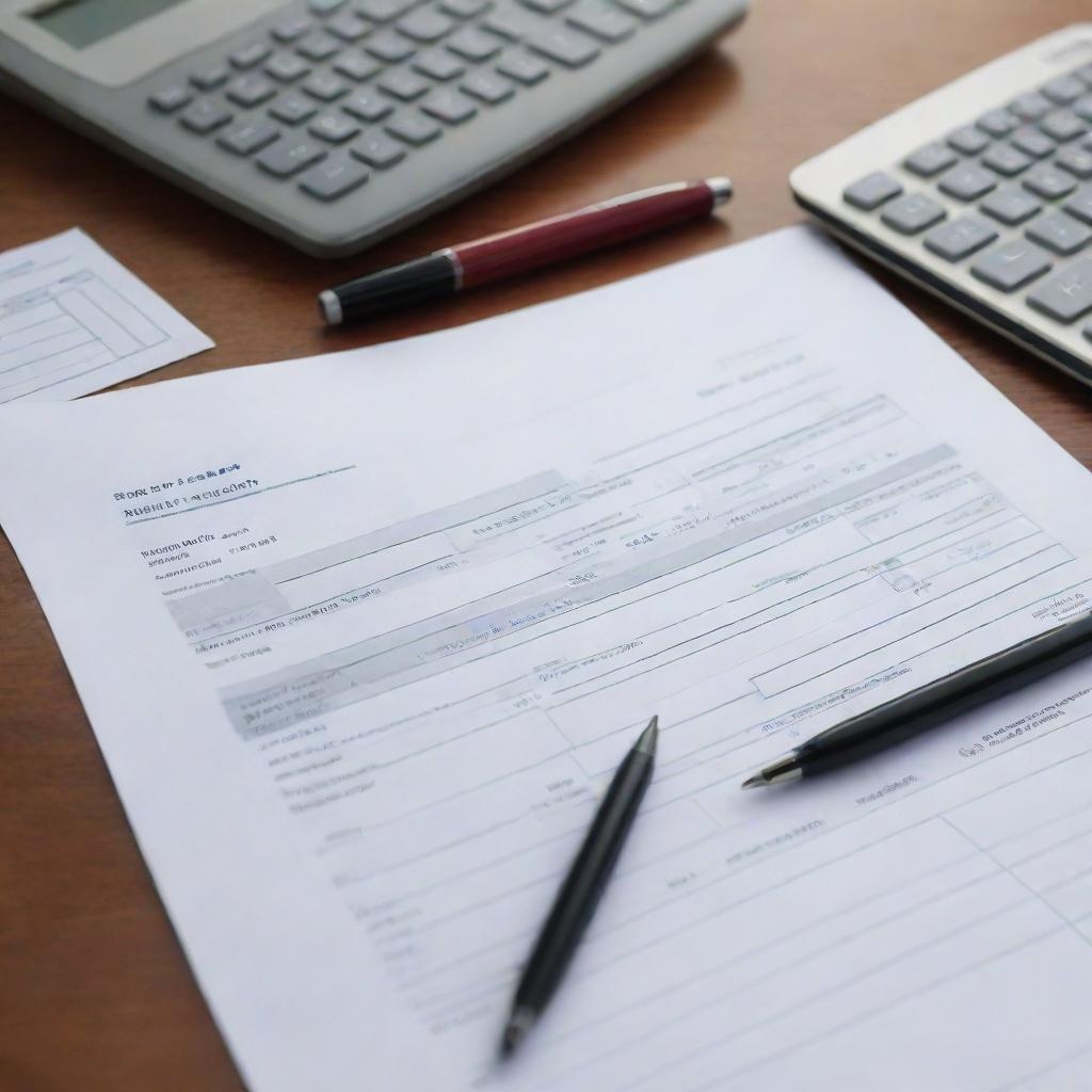 An intricately designed sales invoice on a desk filled with business related materials such as pens, calculators, and ledgers. Available in business color palette.