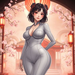 a voluptuous anime woman wearing an ultra-tight suit, highlighting her large breasts and firm buttocks, set in an elegant style inspired by Chinese aesthetics