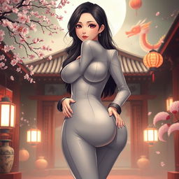 a voluptuous anime woman wearing an ultra-tight suit, highlighting her large breasts and firm buttocks, set in an elegant style inspired by Chinese aesthetics