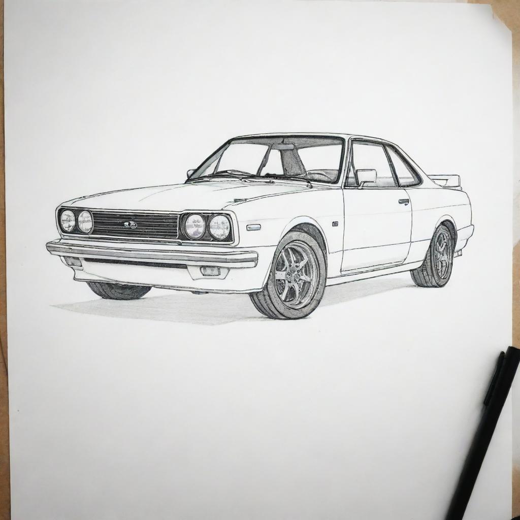 A minimal sketch of a Nissan Skyline, drawn with just a few pencil lines.