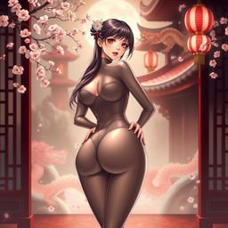 a voluptuous anime woman wearing an ultra-tight suit, highlighting her large breasts and firm buttocks, set in an elegant style inspired by Chinese aesthetics