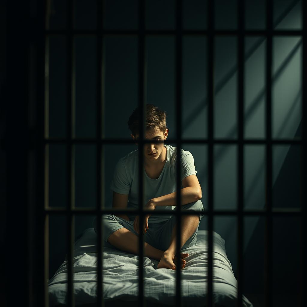 A scene depicting a young man in a prison cell, capturing a profound sense of isolation and reflection