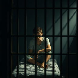A scene depicting a young man in a prison cell, capturing a profound sense of isolation and reflection