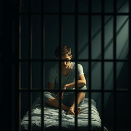 A scene depicting a young man in a prison cell, capturing a profound sense of isolation and reflection