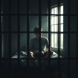 A scene depicting a young man in a prison cell, capturing a profound sense of isolation and reflection