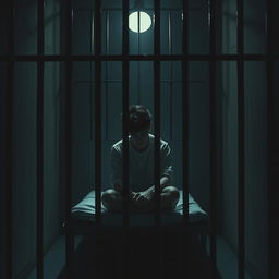 A scene depicting a young man in a prison cell, capturing a profound sense of isolation and reflection