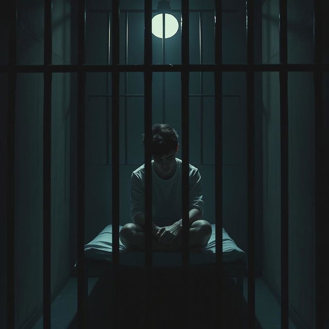 A scene depicting a young man in a prison cell, capturing a profound sense of isolation and reflection