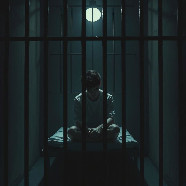 A scene depicting a young man in a prison cell, capturing a profound sense of isolation and reflection