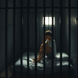 A scene depicting a young man in a prison cell, capturing a profound sense of isolation and reflection