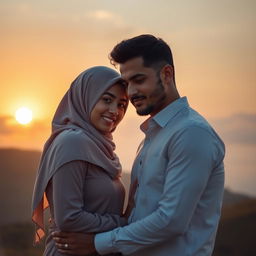 A woman wearing a hijab and a man standing together at sunset, displaying a serene and affectionate relationship