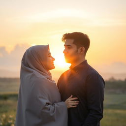 A woman wearing a hijab and a man standing together at sunset, displaying a serene and affectionate relationship