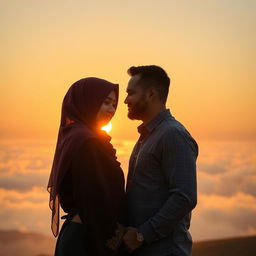 A woman wearing a hijab and a man standing together at sunset, displaying a serene and affectionate relationship