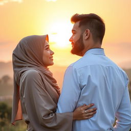 A woman wearing a hijab and a man standing together at sunset, displaying a serene and affectionate relationship