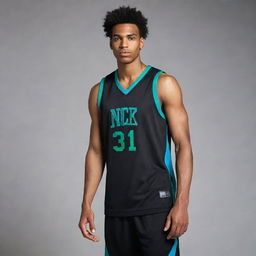 A sleek black basketball jersey with stylish green and blue details. The design layout should evoke a sense of sporty elegance and athletic flair.