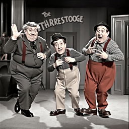 A lively and dynamic scene featuring The Three Stooges, with Moe, Larry, and Curly, in a classic comedic pose