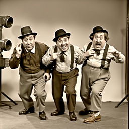 A lively and dynamic scene featuring The Three Stooges, with Moe, Larry, and Curly, in a classic comedic pose