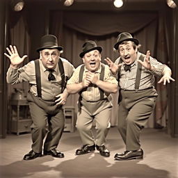 A lively and dynamic scene featuring The Three Stooges, with Moe, Larry, and Curly, in a classic comedic pose