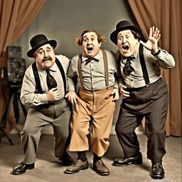 A lively and dynamic scene featuring The Three Stooges, with Moe, Larry, and Curly, in a classic comedic pose