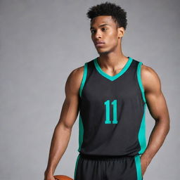 A sleek black basketball jersey with stylish green and blue details. The design layout should evoke a sense of sporty elegance and athletic flair.