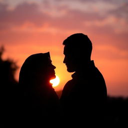 Silhouette of a woman wearing a hijab and a man at sunset, showcasing a tranquil and affectionate relationship