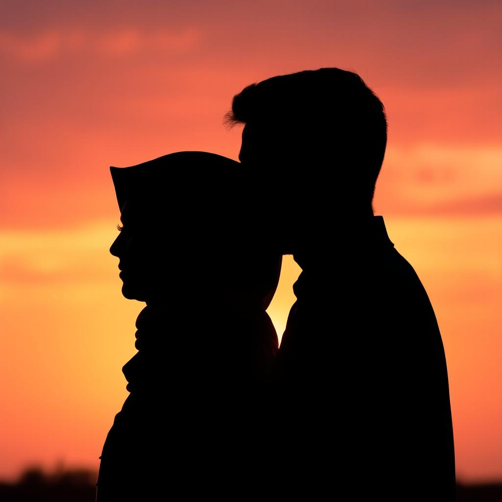 Silhouette of a woman wearing a hijab and a man at sunset, showcasing a tranquil and affectionate relationship