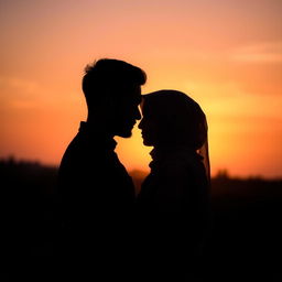 Silhouette of a woman wearing a hijab and a man at sunset, showcasing a tranquil and affectionate relationship