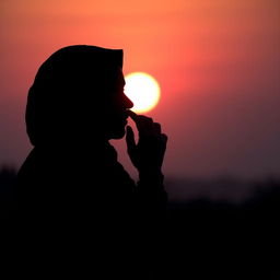 Silhouette of a woman wearing a hijab and a man at sunset, showcasing a tranquil and affectionate relationship