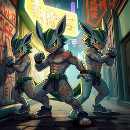 Xianpu Camí Pokemon designed as street fighters set in a neon-lit urban environment