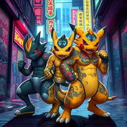 Xianpu Camí Pokemon designed as street fighters set in a neon-lit urban environment