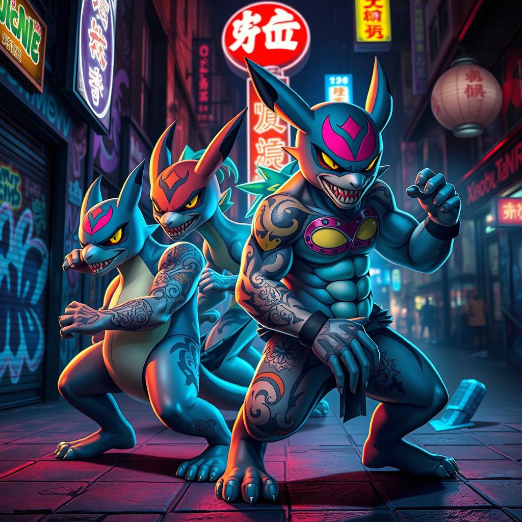 Xianpu Camí Pokemon designed as street fighters set in a neon-lit urban environment