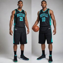 A sleek black basketball jersey with stylish green and blue details. The design layout should evoke a sense of sporty elegance and athletic flair.