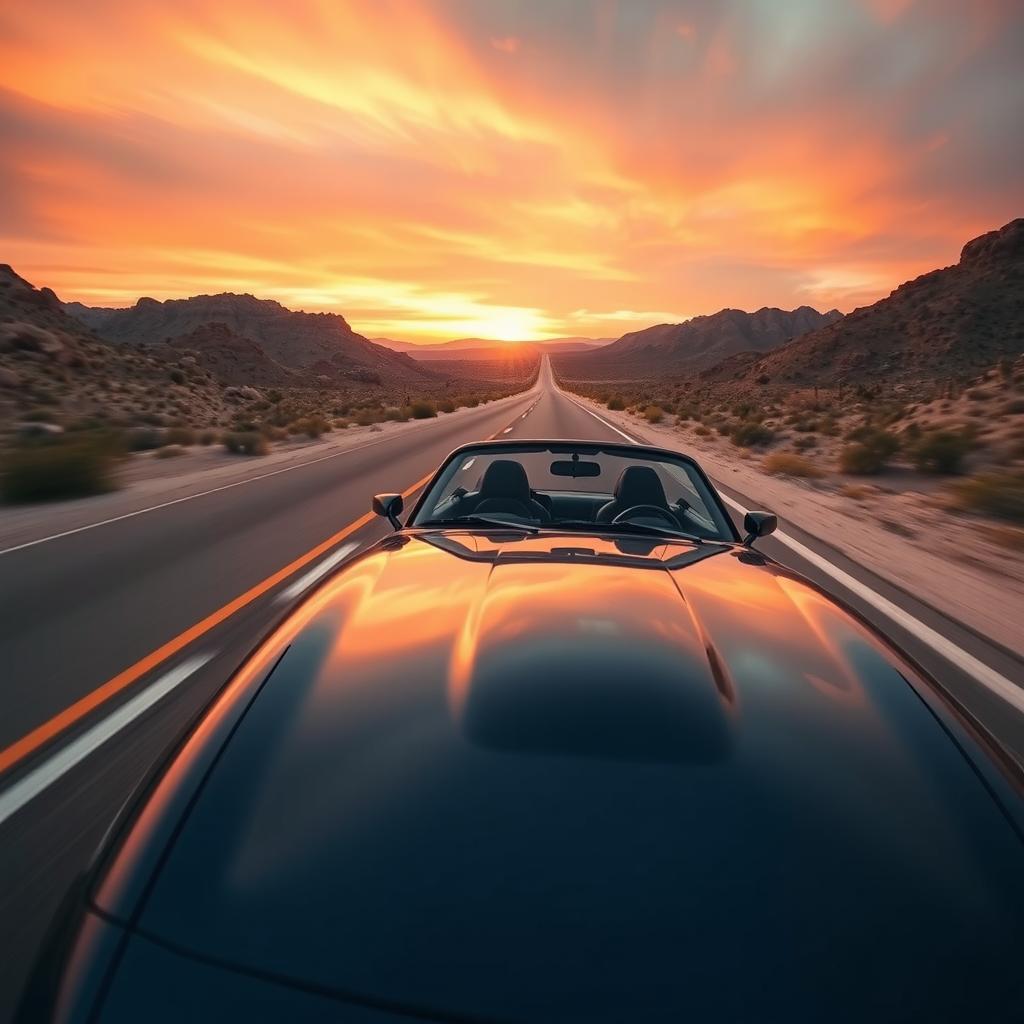 A Mazda MX-5 NB driving on a desert highway, with the sun setting on the horizon