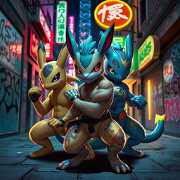 Xianpu Camí Pokemon designed as street fighters set in a neon-lit urban environment