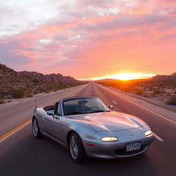 A Mazda MX-5 NB driving on a desert highway, with the sun setting on the horizon