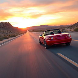 A Mazda MX-5 NB driving on a desert highway, with the sun setting on the horizon