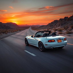 A Mazda MX-5 NB driving on a desert highway, with the sun setting on the horizon