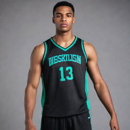 A sleek black basketball jersey with stylish green and blue details. The design layout should evoke a sense of sporty elegance and athletic flair.