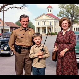 A nostalgic scene from "The Andy Griffith Show" featuring the main characters in the quaint town of Mayberry