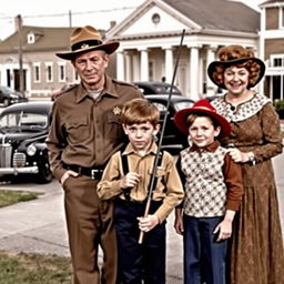 A nostalgic scene from "The Andy Griffith Show" featuring the main characters in the quaint town of Mayberry