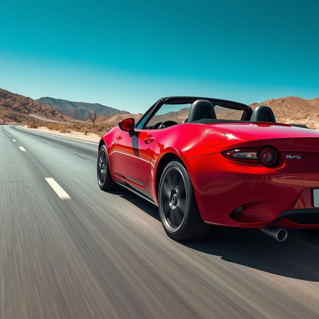 A high-resolution image of a Mazda MX-5 NB driving on a desert highway, capturing intricate details such as the reflections on the car's polished red surface, the texture of the asphalt, and the dust particles in the air