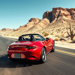 A high-resolution image of a Mazda MX-5 NB driving on a desert highway, capturing intricate details such as the reflections on the car's polished red surface, the texture of the asphalt, and the dust particles in the air