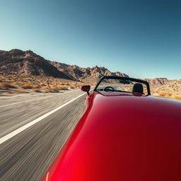 A high-resolution image of a Mazda MX-5 NB driving on a desert highway, capturing intricate details such as the reflections on the car's polished red surface, the texture of the asphalt, and the dust particles in the air