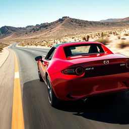 A high-resolution image of a Mazda MX-5 NB driving on a desert highway, capturing intricate details such as the reflections on the car's polished red surface, the texture of the asphalt, and the dust particles in the air